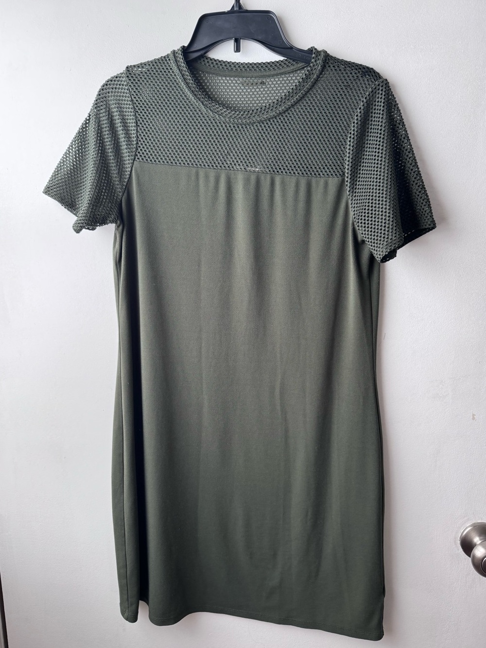 Olive green mesh yoke and sleeves short sleeve t-shirt dress